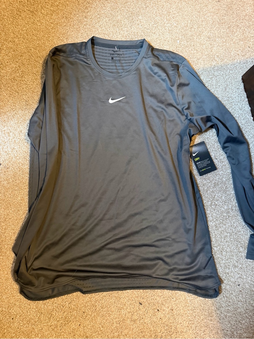 Nike Men’s Long Sleeve Dri-FIT Shirt - Charcoal/Gray with White Swoosh